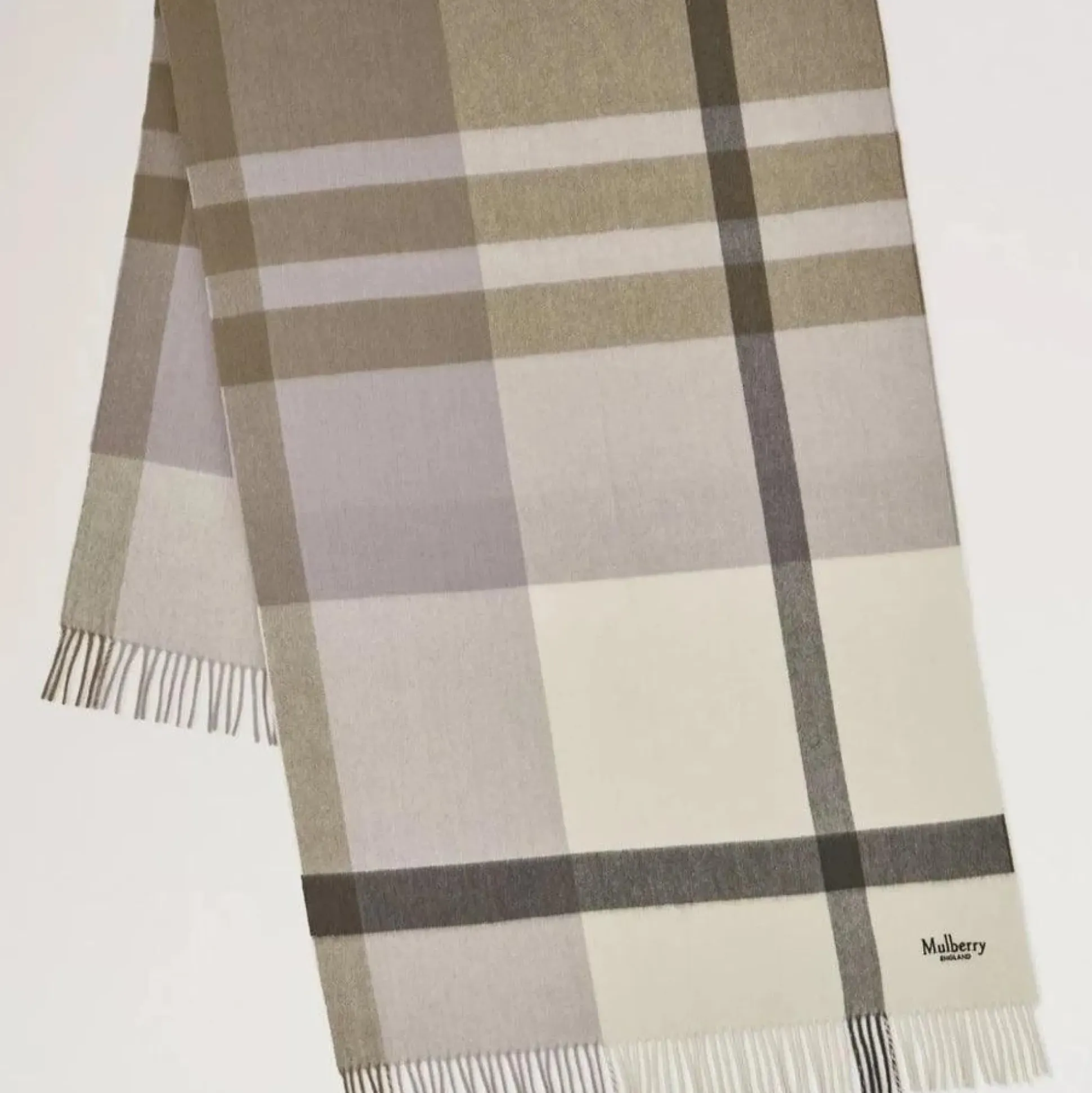 Mulberry Large Check Merino Wool Scarf Eggshell & Olive Merino Wool
