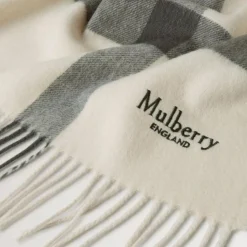 Mulberry Large Check Merino Wool Scarf Eggshell & Olive Merino Wool