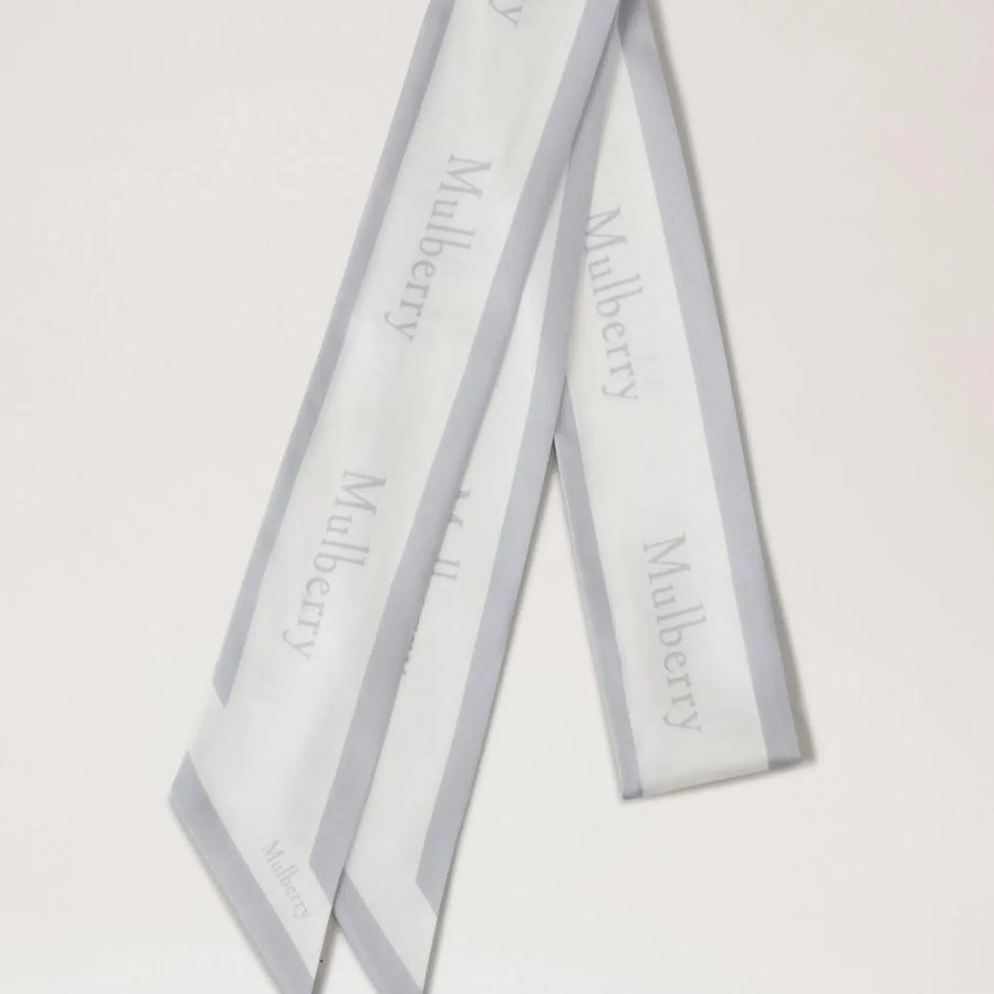 Mulberry Skinny Scarf - Logo Boarder Pale Grey-White Recycled Polyester